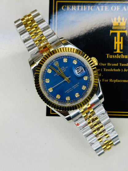 Jubilee Date Just Two Tone Diamond Fluted Blue Dial Quartz Watch