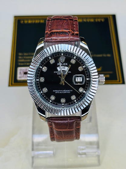 Brown Silver Black Day Date Leather Rolex Watch