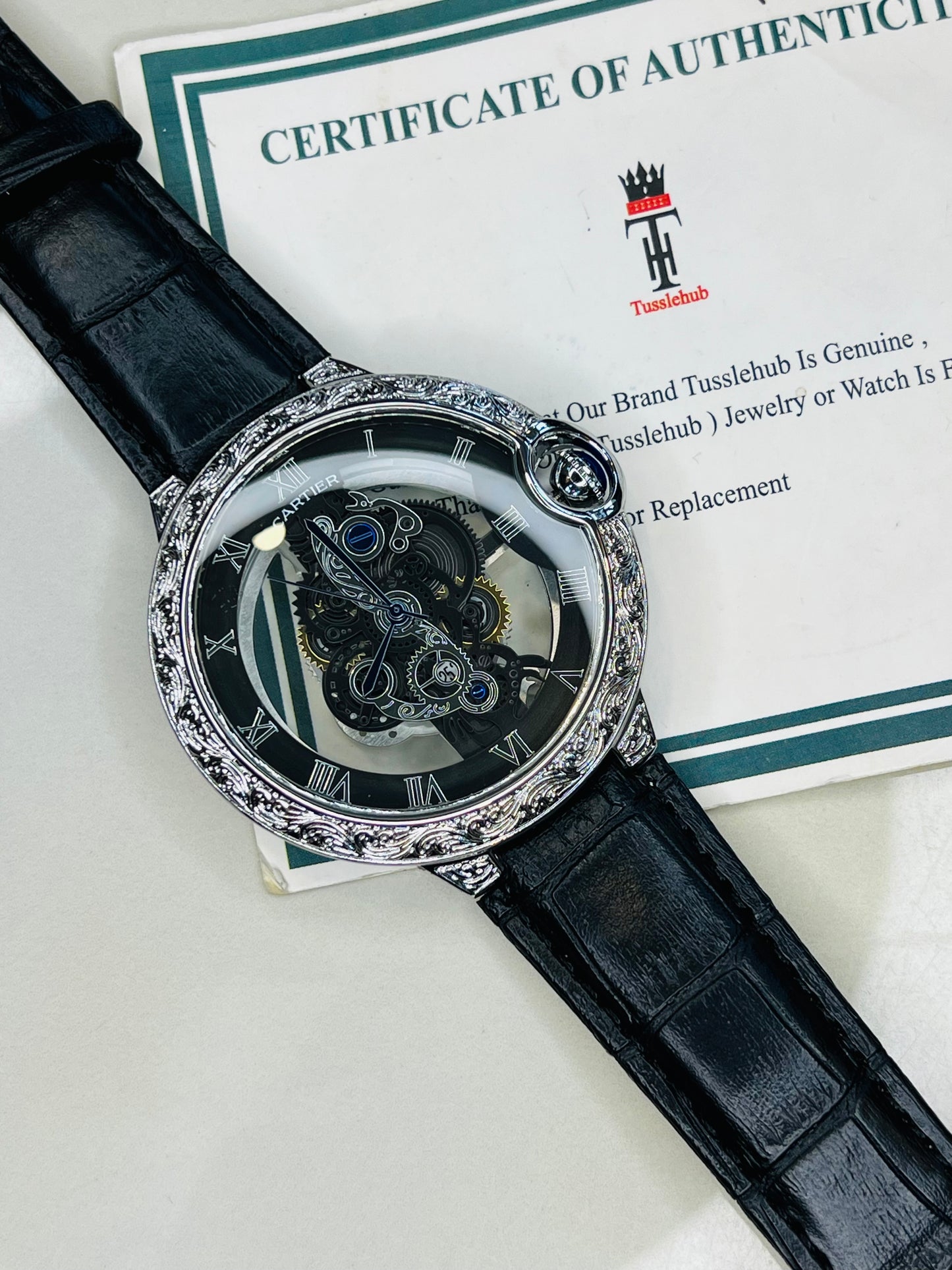 Black Silver Engraved Skeleton Dial Watch