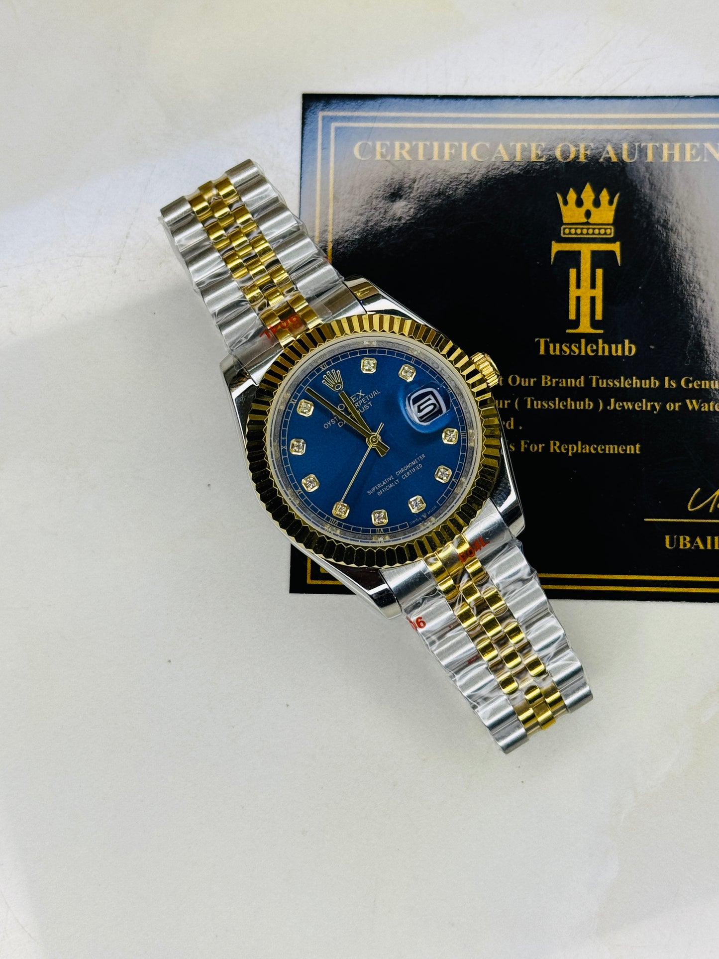 Jubilee Date Just Two Tone Diamond Fluted Blue Dial Quartz Watch
