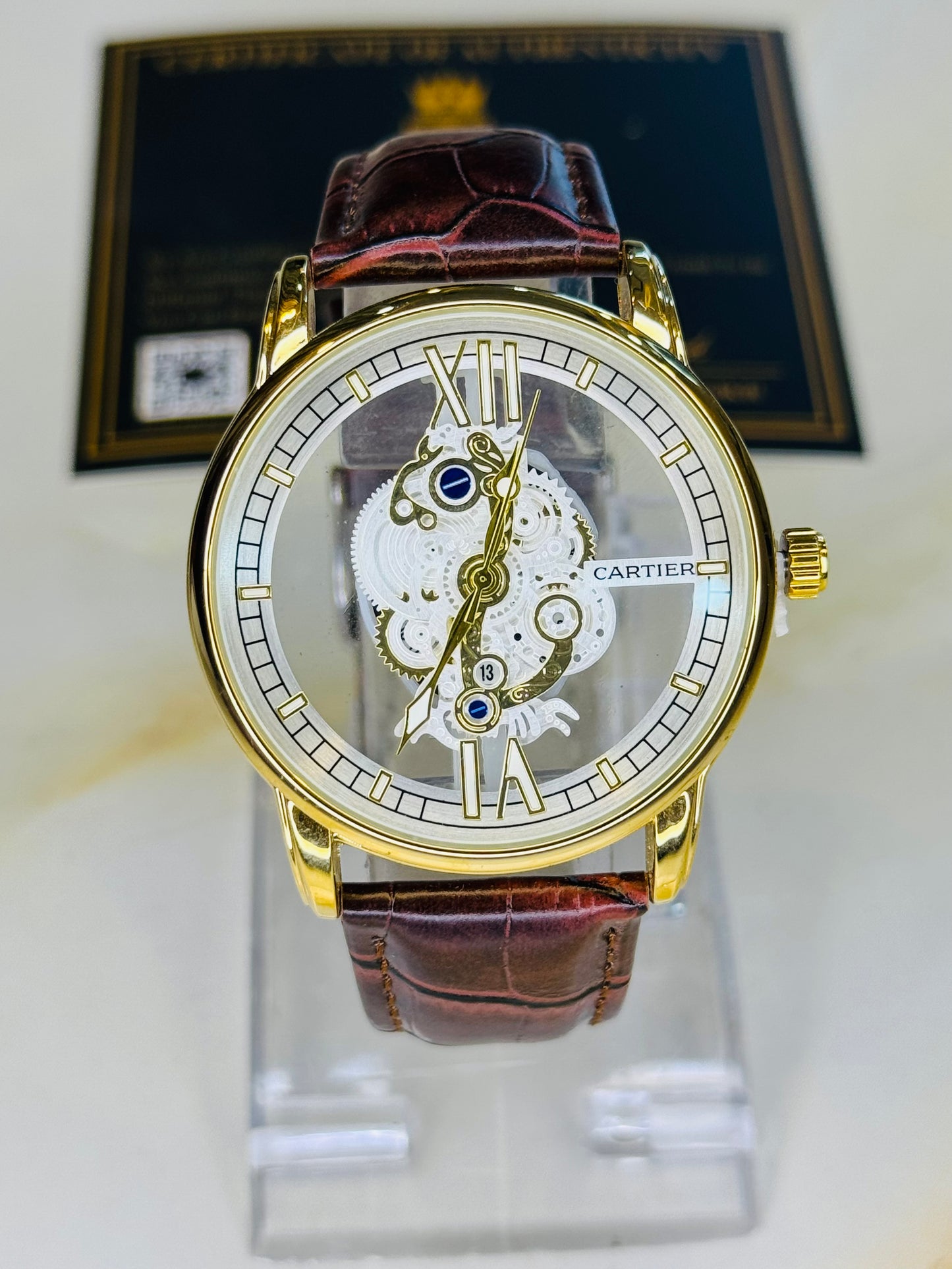 Brown Gold Skeleton Leather Cartier Watch