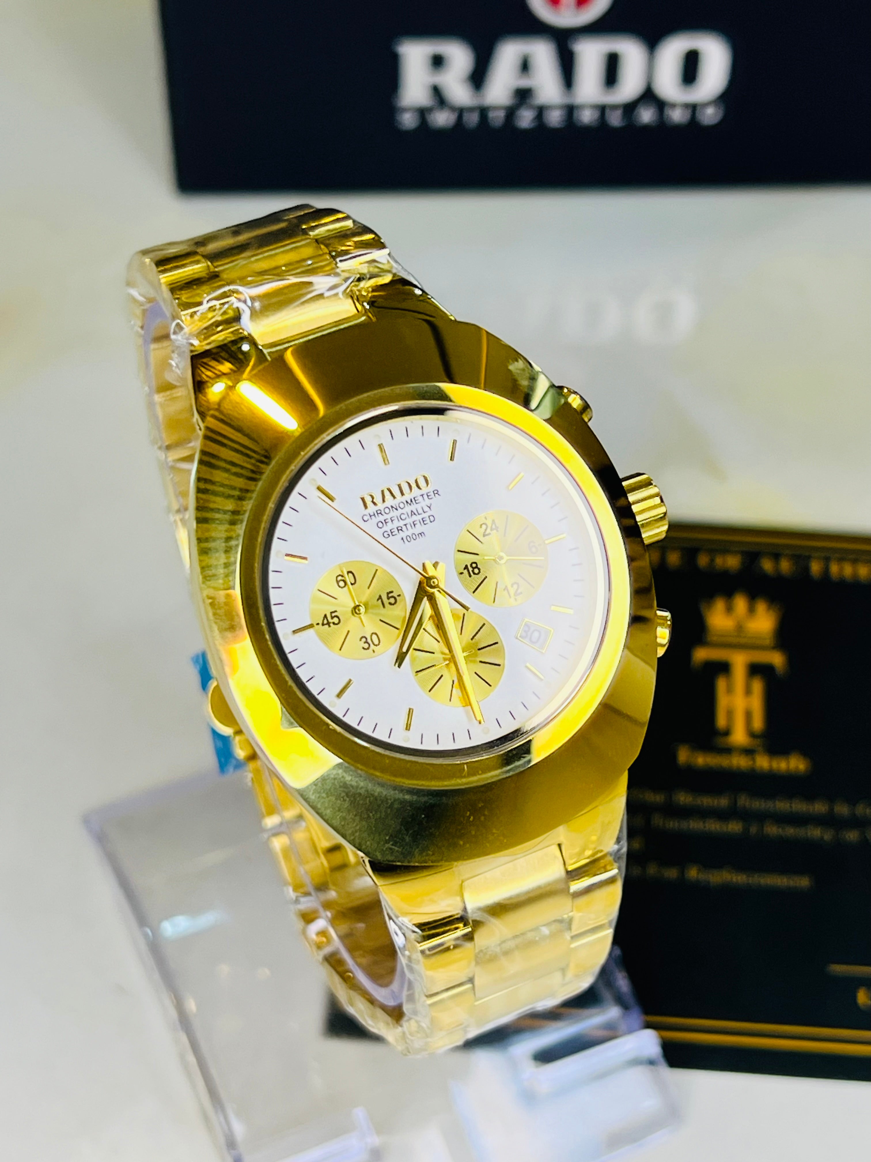 Gold Rado Chronograph White Gold Dial Master Clone Watch