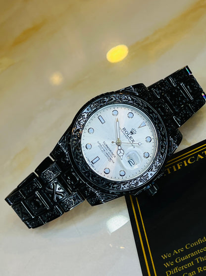 Black White Calligraphic Engraved Rolex