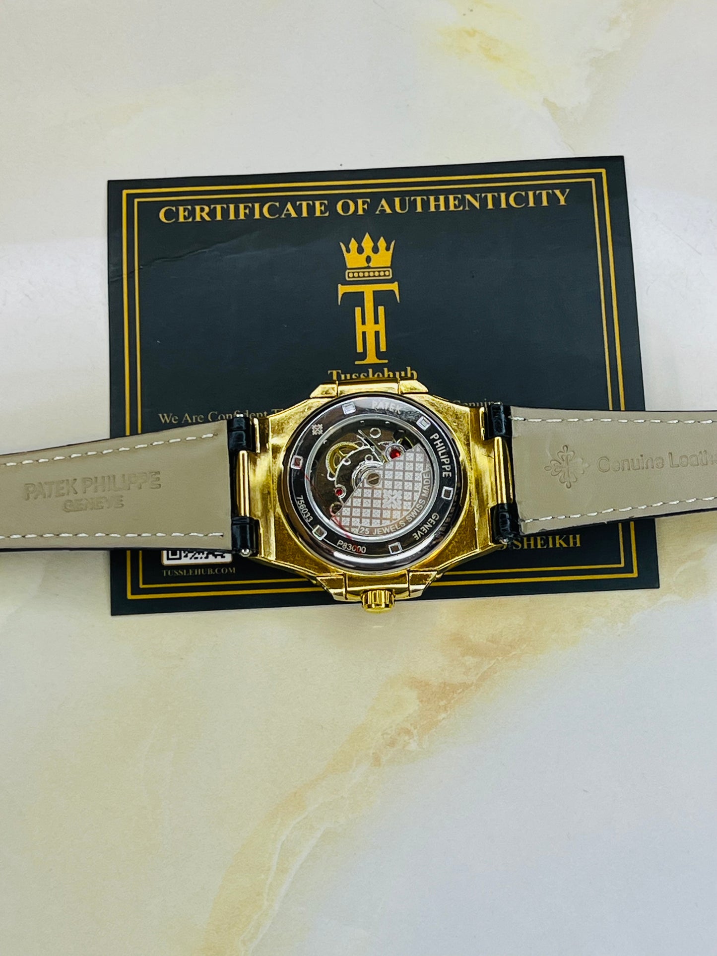 Black Leather Gold Black Dial Nautilus Watch