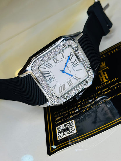 Silver White Iced Tank Silicon Cartier Watch
