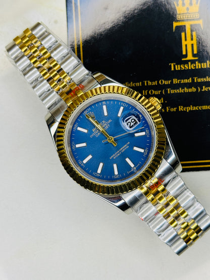 Jubilee Date Just Two Tone Vertical Fluted Blue Dial Quartz Watch
