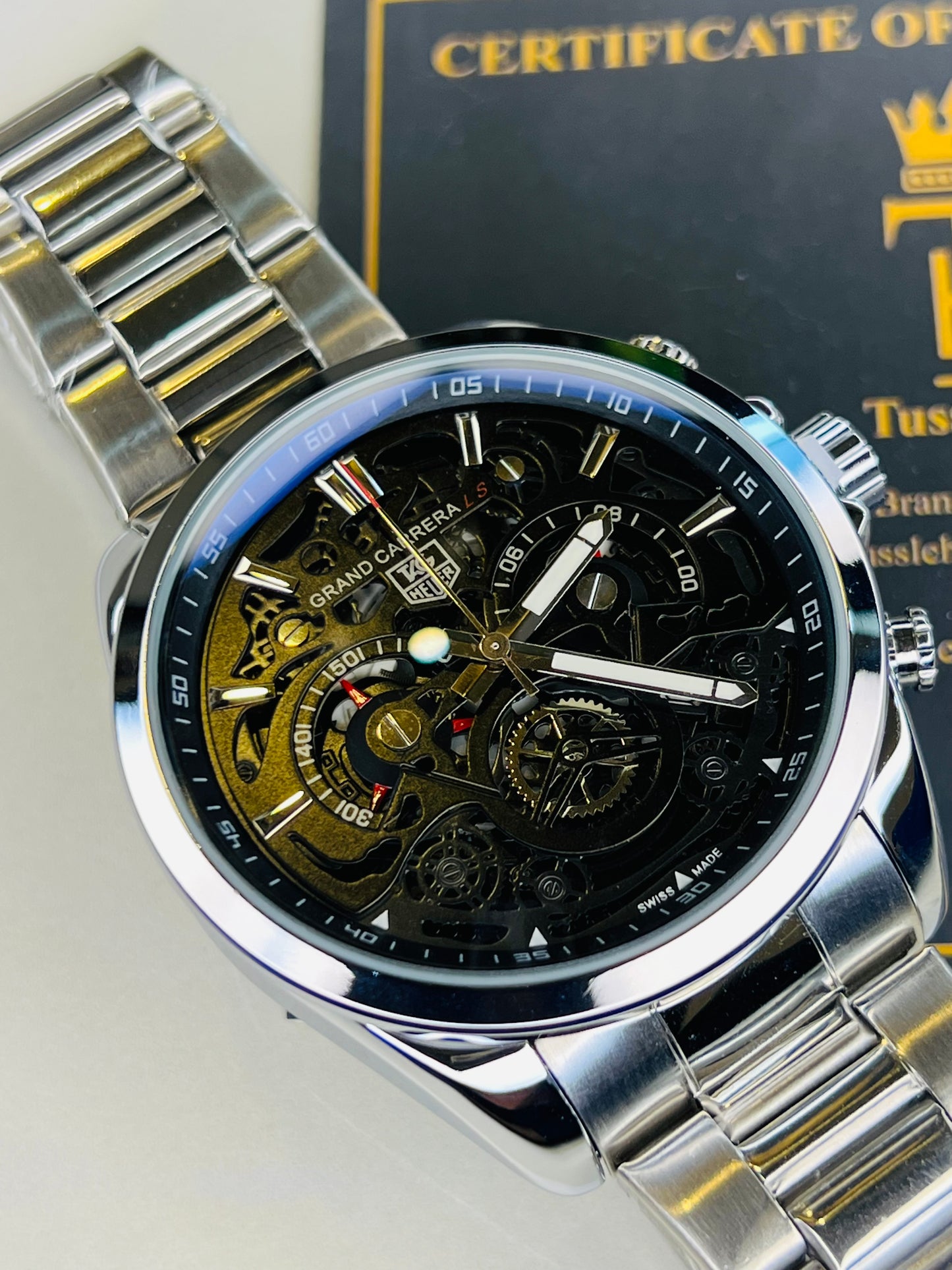 Silver Black Grand Carrera Chain Strap Chronographs  Watch