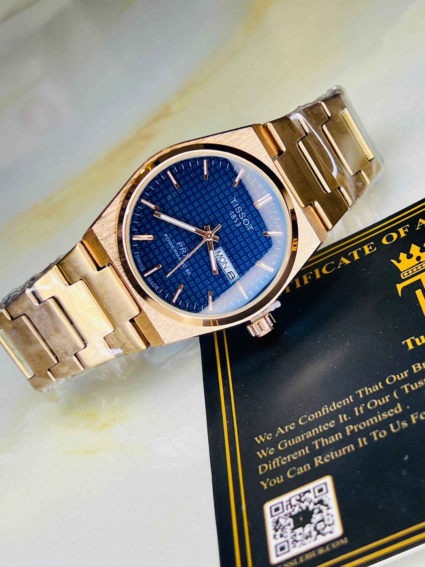 Tissot PRX Rose Gold With Deep Blue Textured Dial Watch