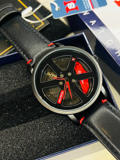 Black Red Leather Strapped Spinner NS Watch