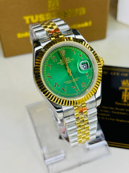 Jubilee Date Just Two Tone Arabic Fluted Green Dial Quartz Watch