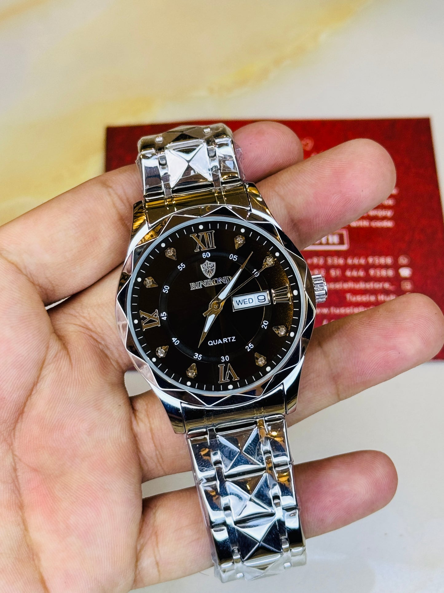 Silver Black Binbond Diamond Dial Watch