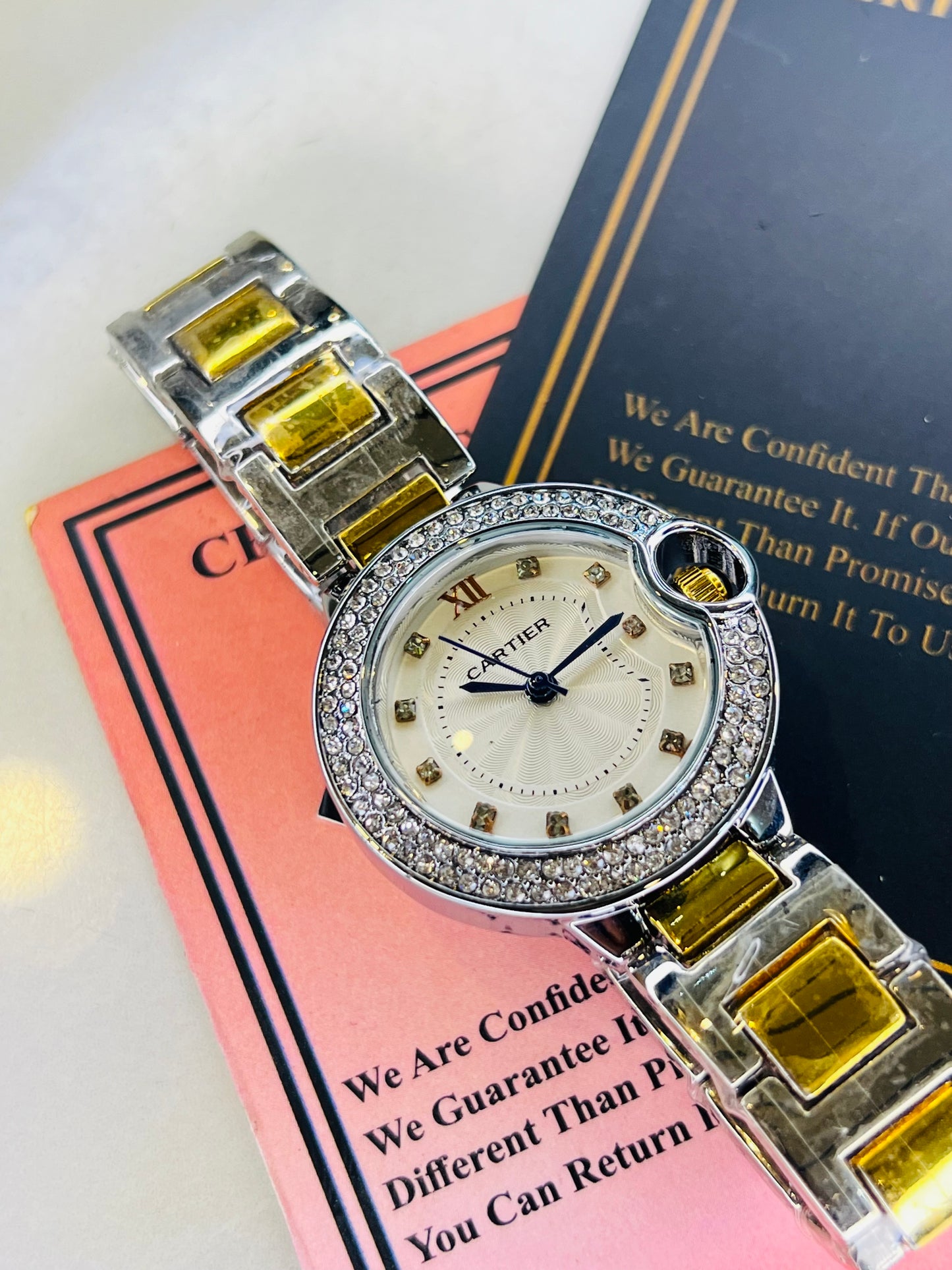 Cartier Silver Gold White iced Dial Watch For Her