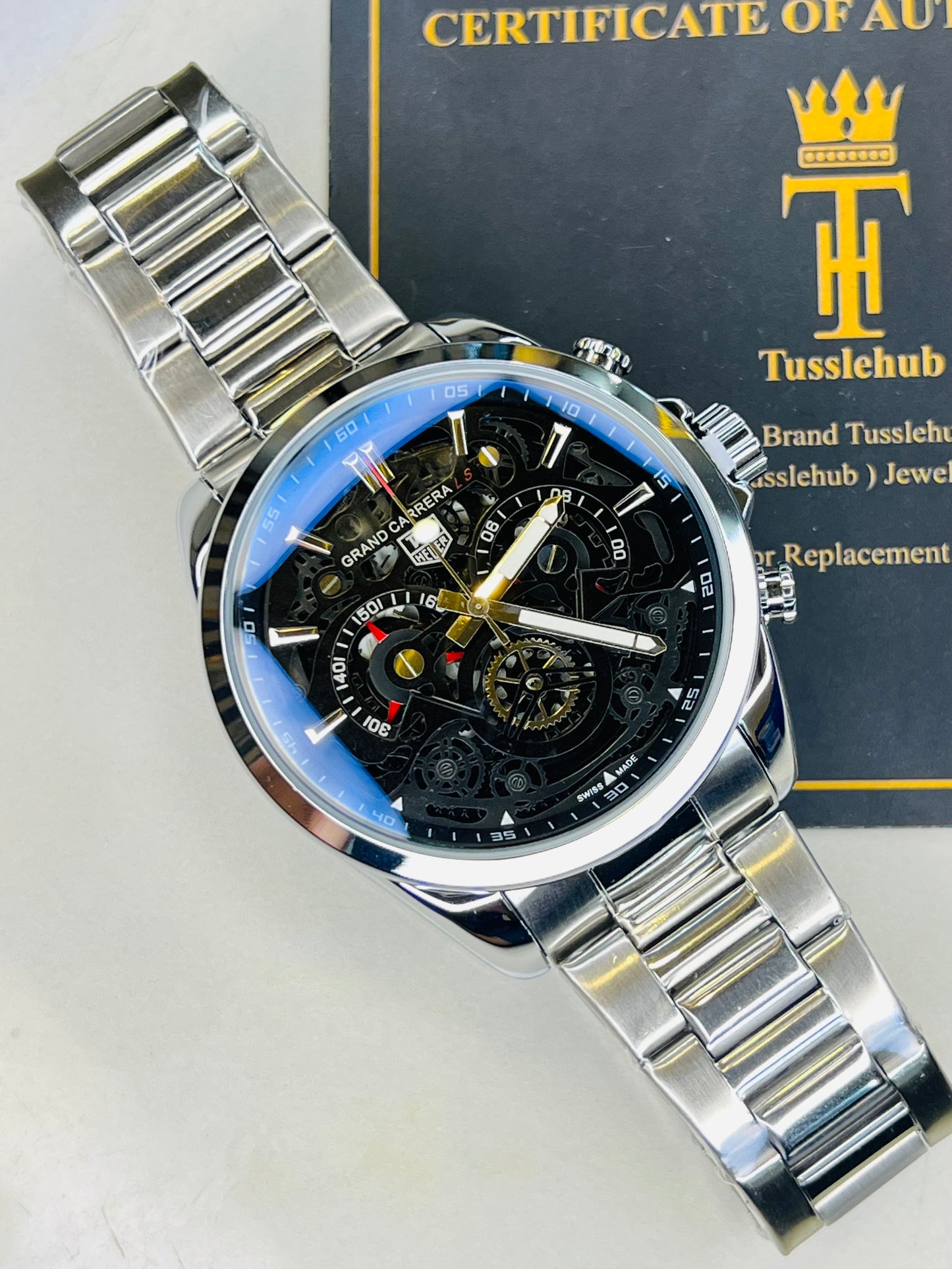 Silver Black Grand Carrera Chain Strap Chronographs  Watch