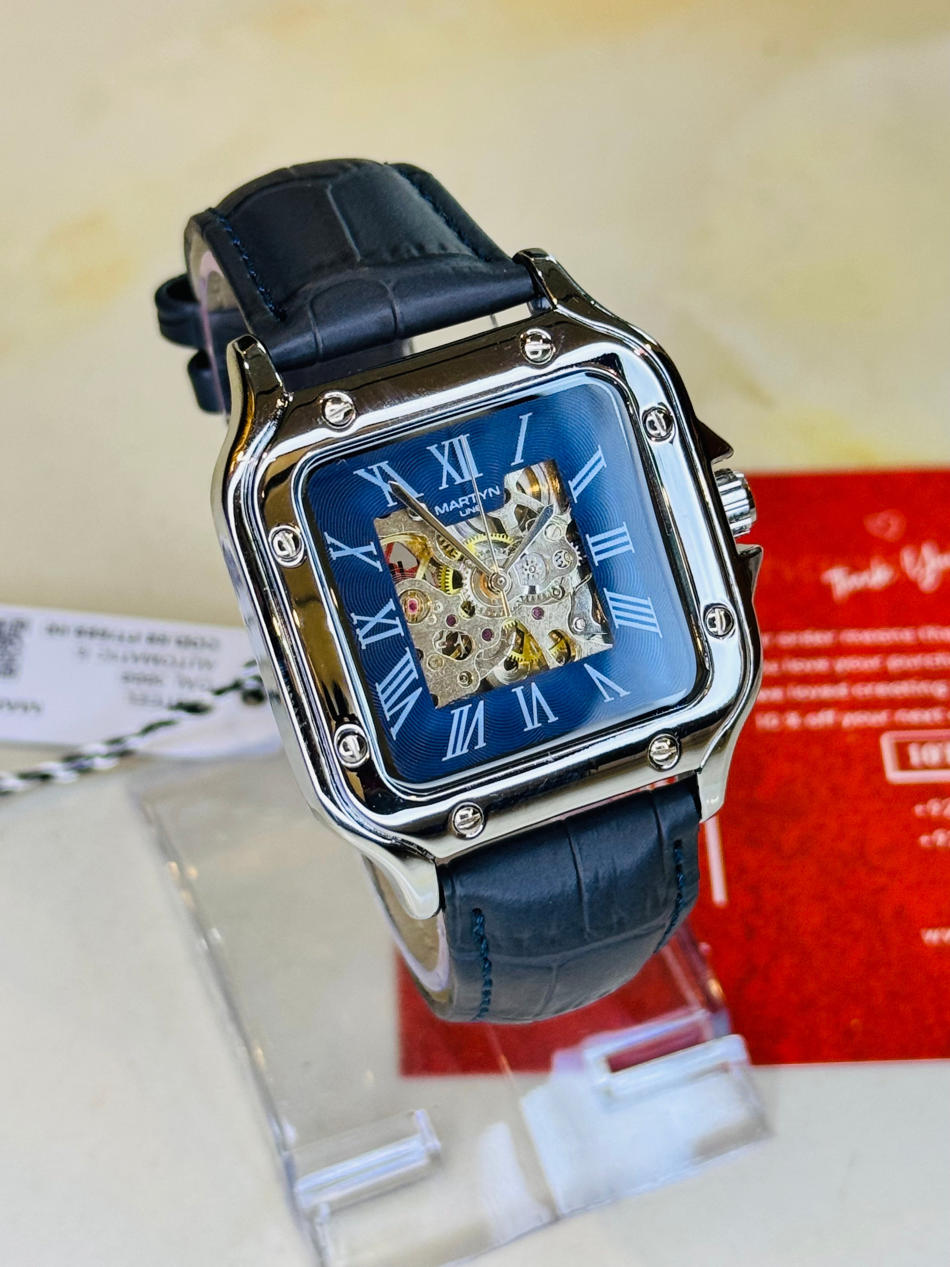 Blue Silver Tank Automatic Skeleton Watch