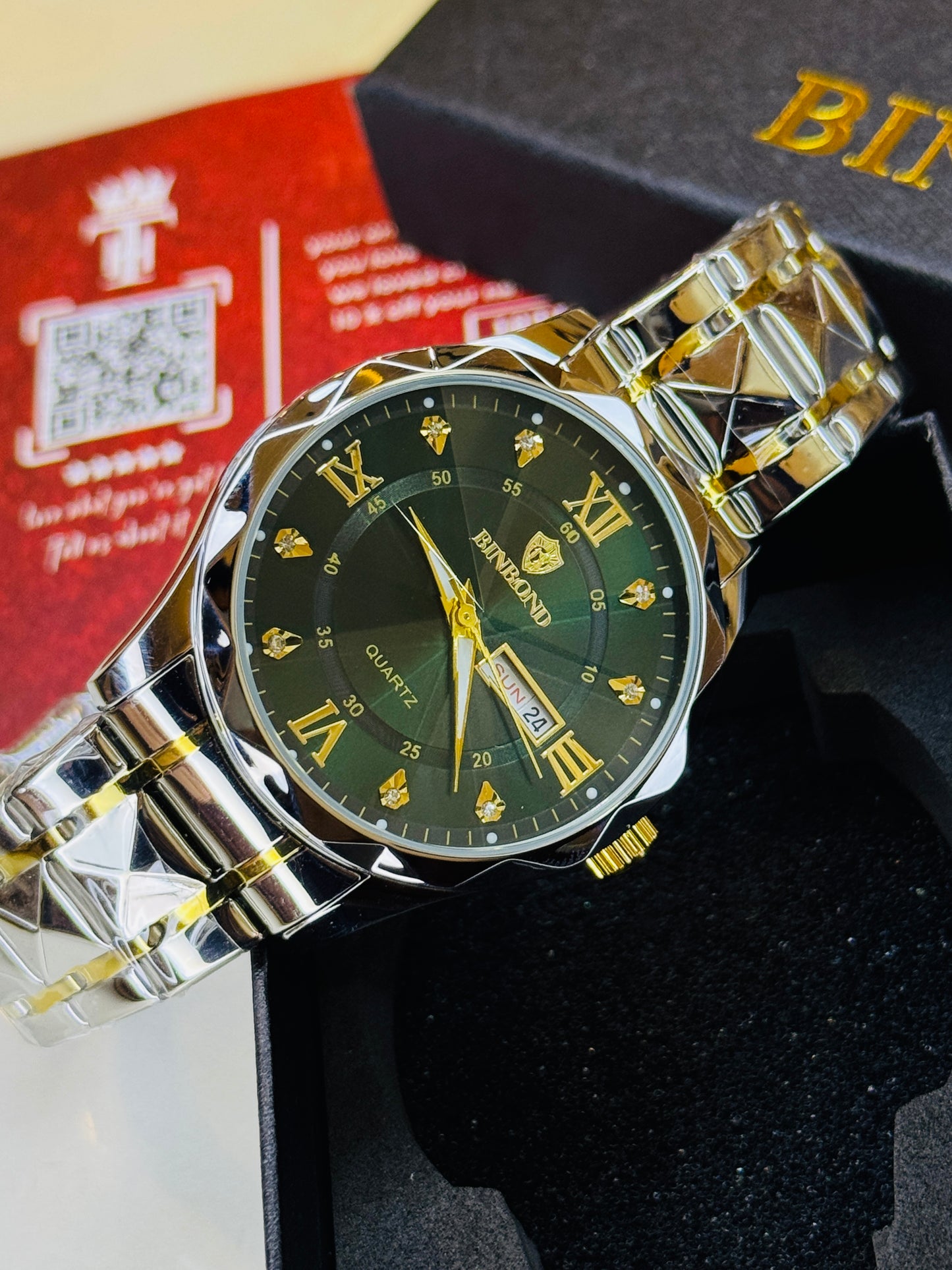 Forest Green Binbond Diamond Dial Watch