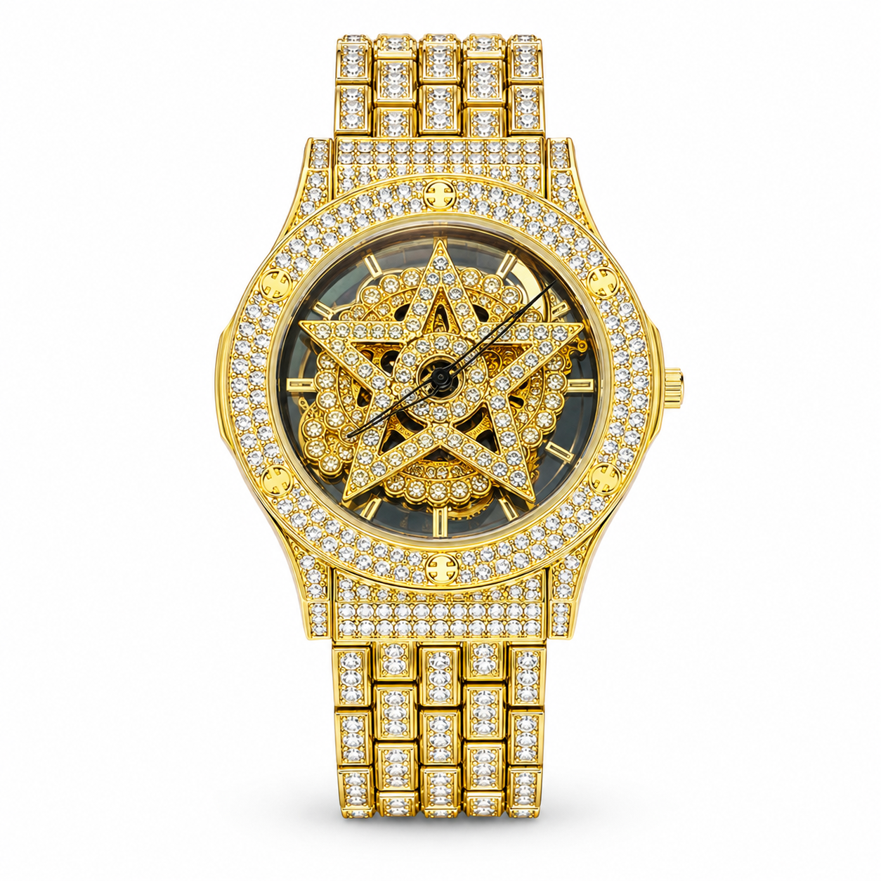 Gold Iced Out Spinner Star Dial Watch