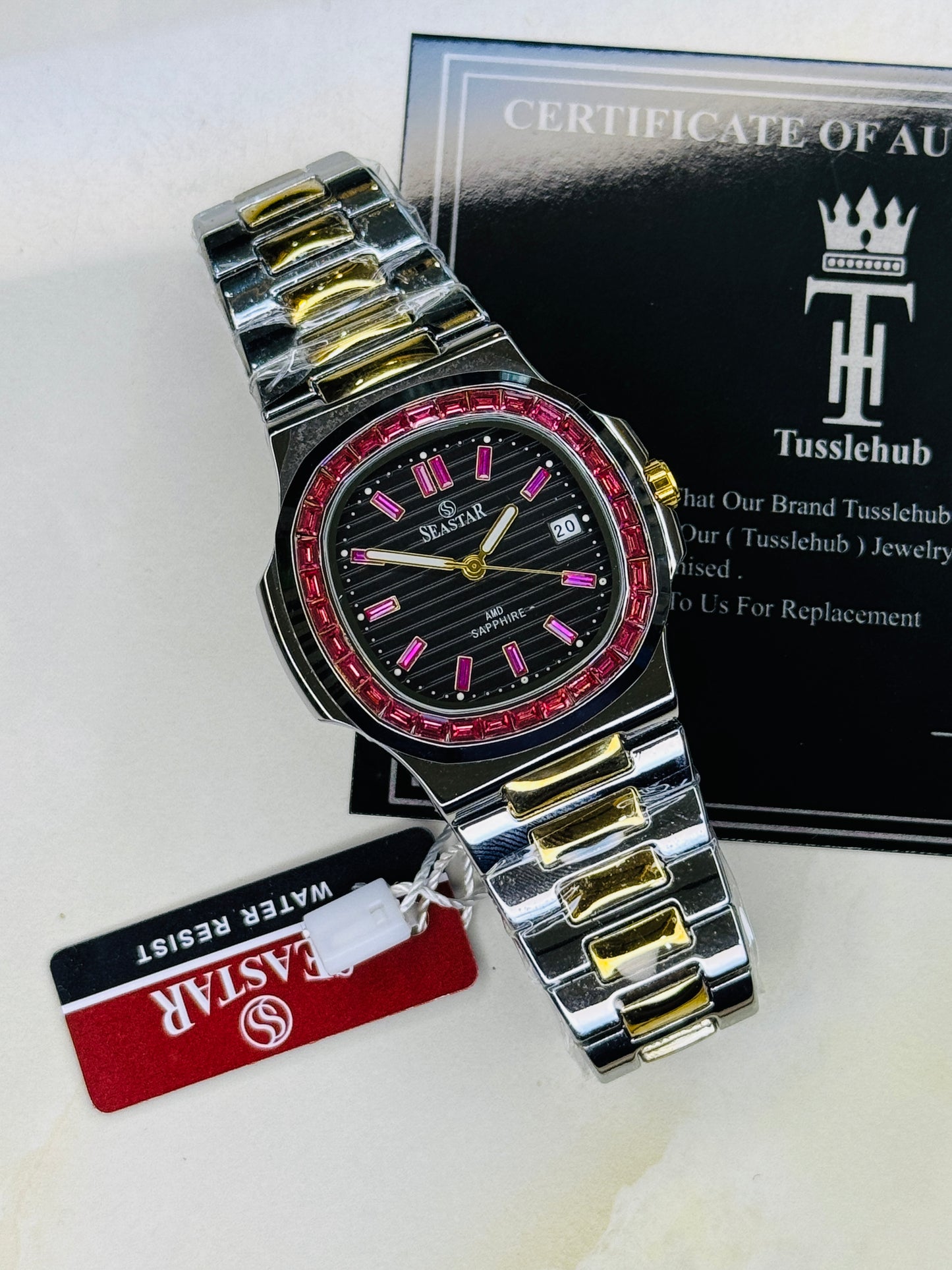 Two Tone Black Ruby Zircon Seastar Watch