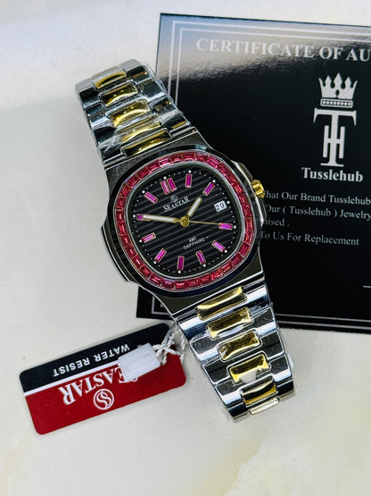 Two Tone Black Ruby Zircon Seastar Watch