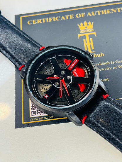 Black Red Leather Strapped Spinner NS Watch