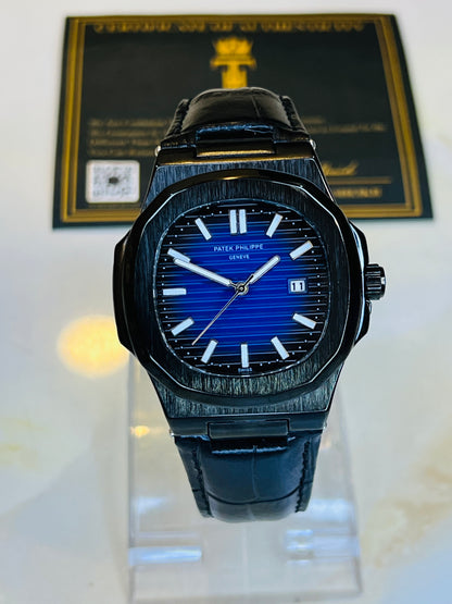 Black Leather Black Sapphire Dial Nautilus Watch