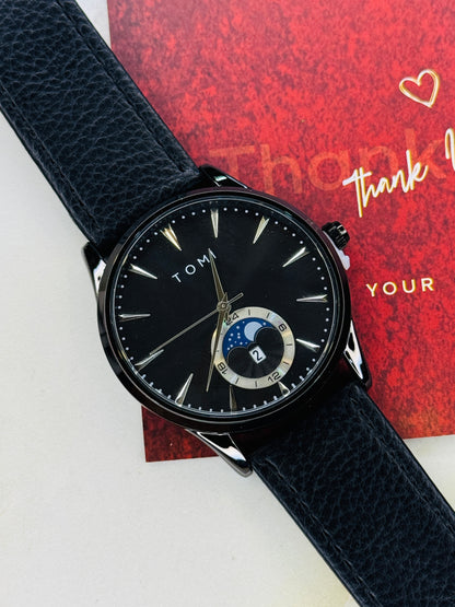 Tomi All Black Leather Magnetic Strap Watch
