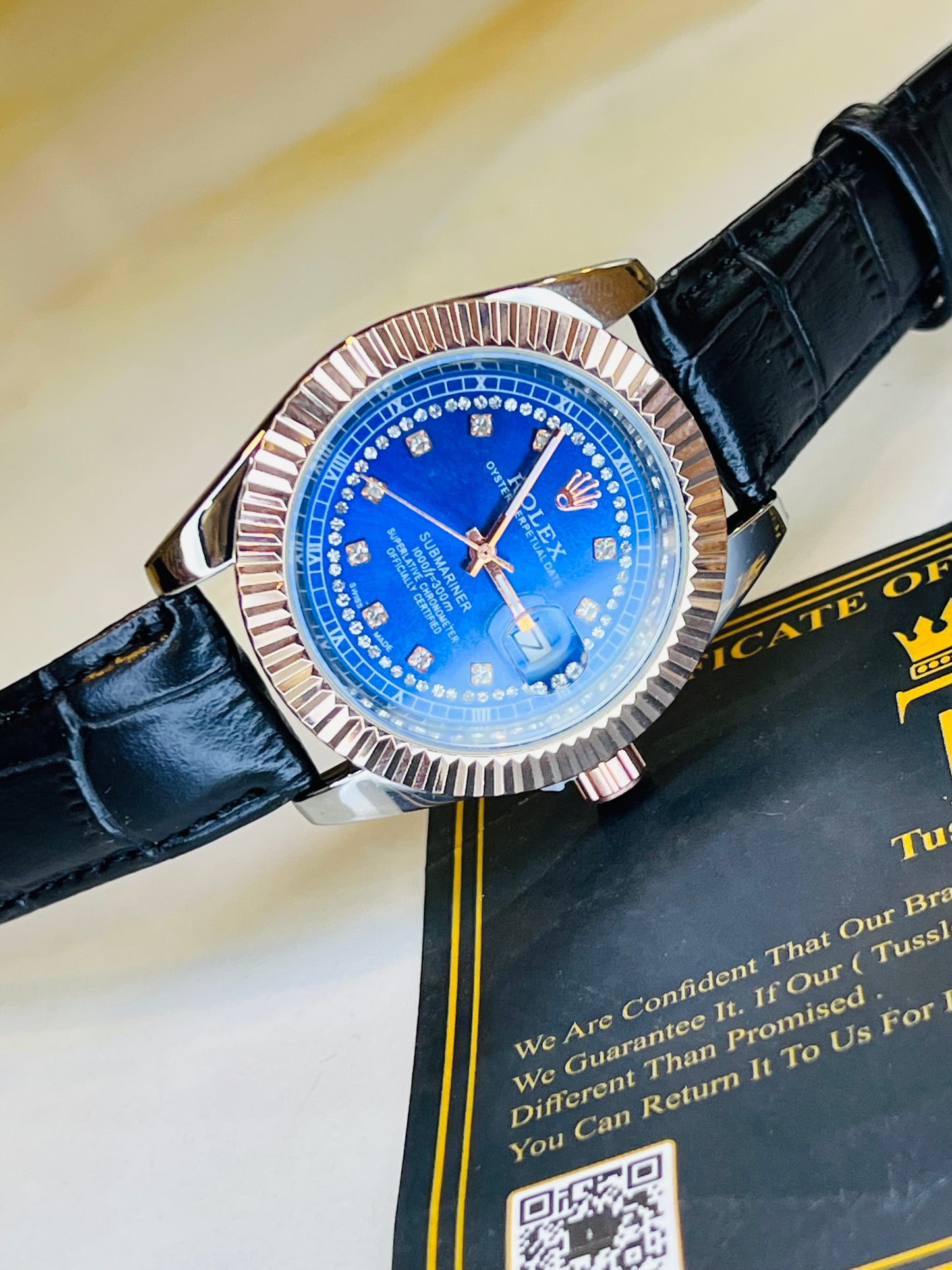 Black Rose Gold Sapphire Leather Rolex Watch
