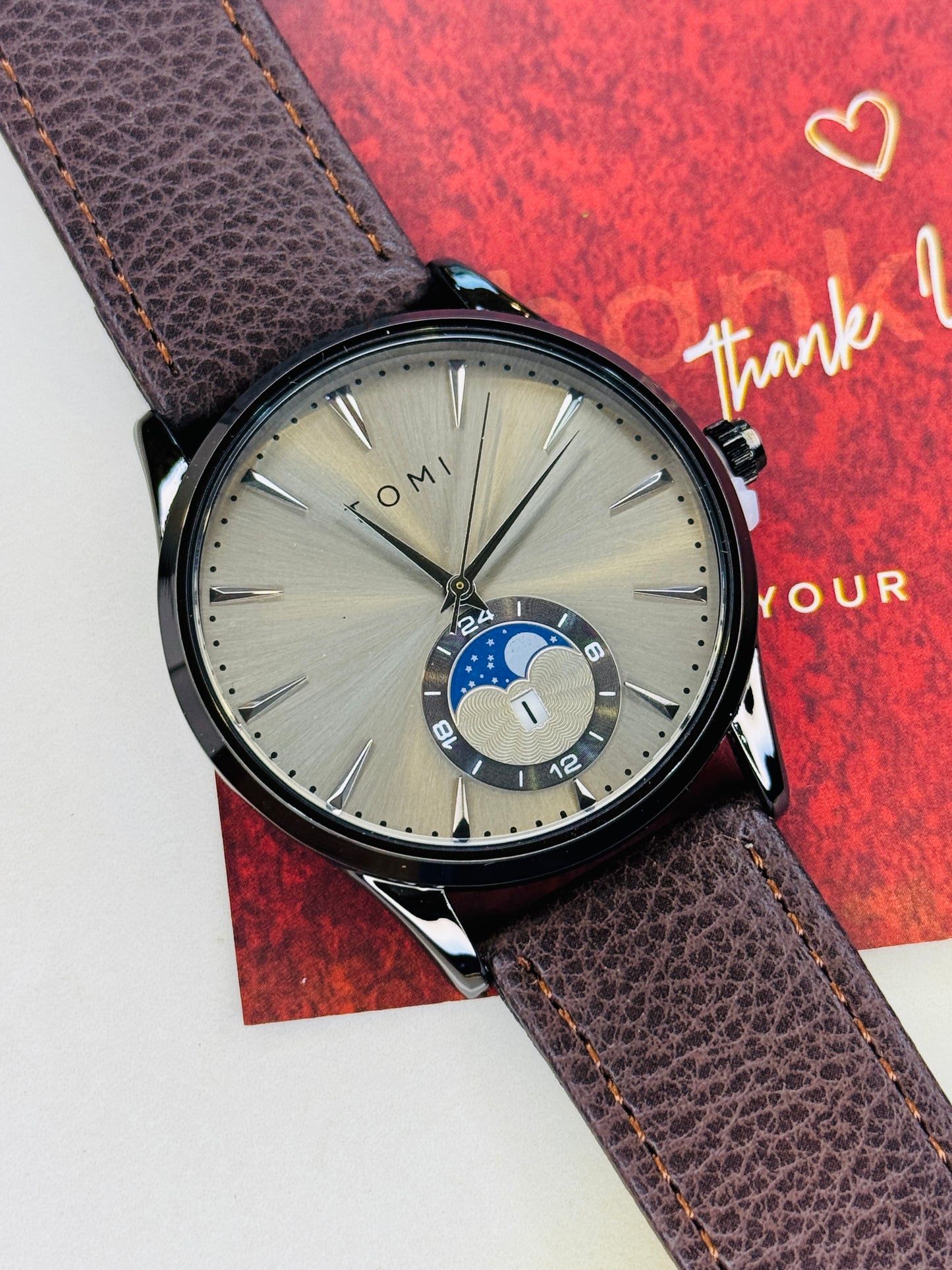 Tomi Coffee Grey Leather Magnetic Strap Watch