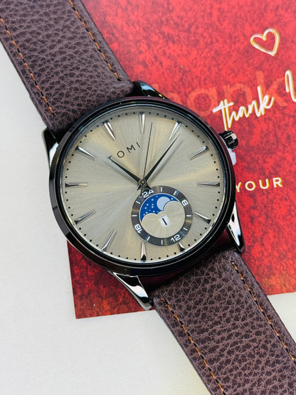 Tomi Coffee Grey Leather Magnetic Strap Watch