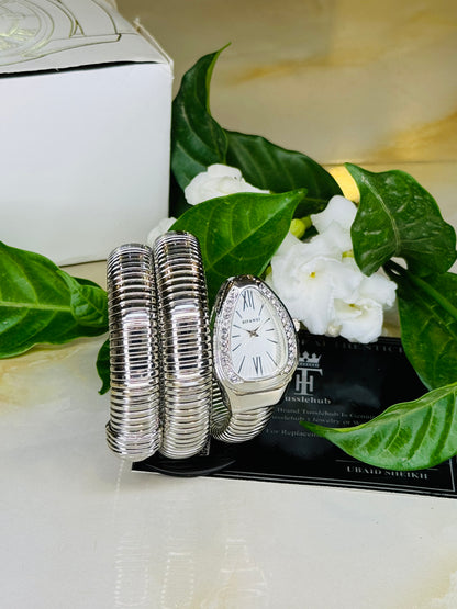 Silver White Serpentine Watch For Her