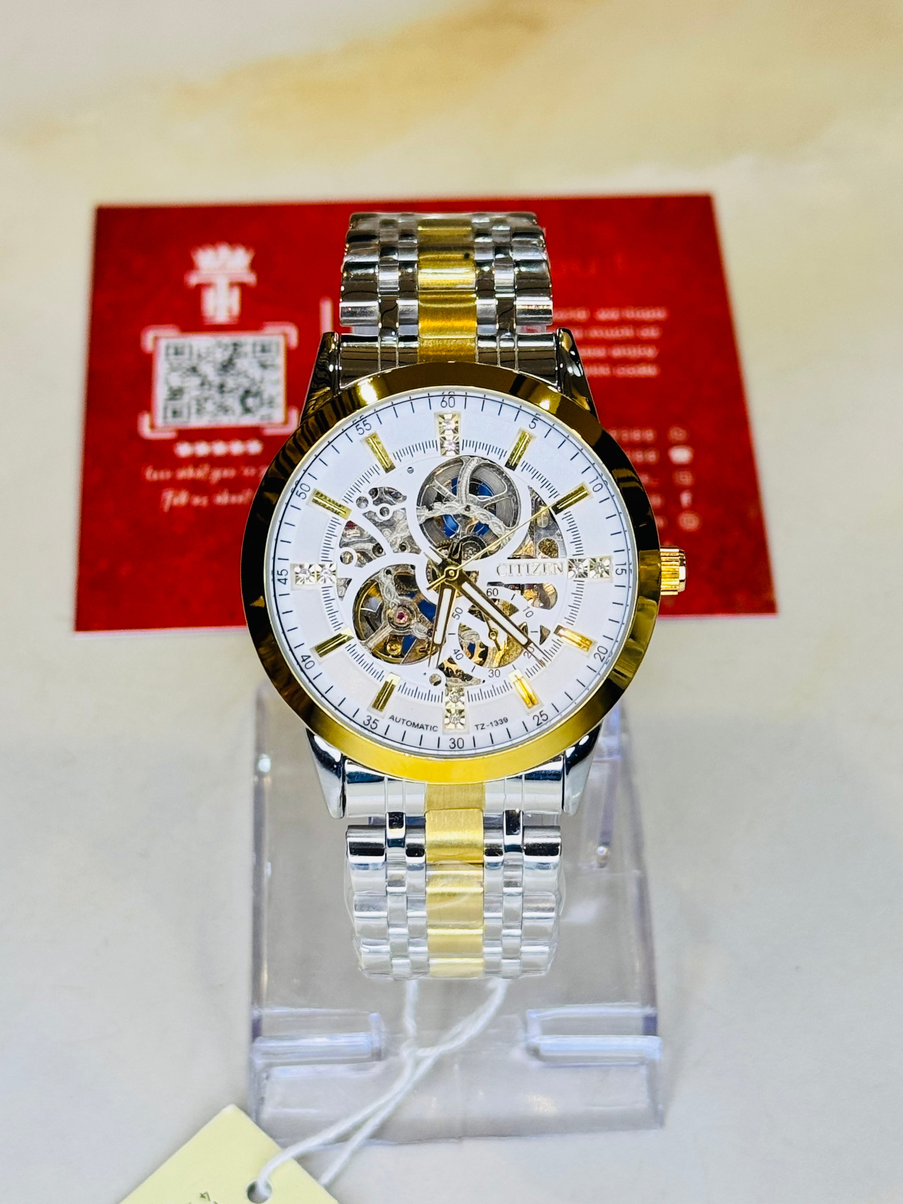 Two Tone White Citizen Skeleton Automatic Watch