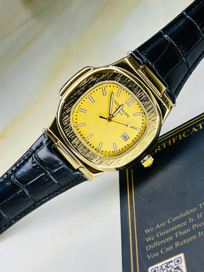 PP Black Leather Strapped Gold Nautilus Watch