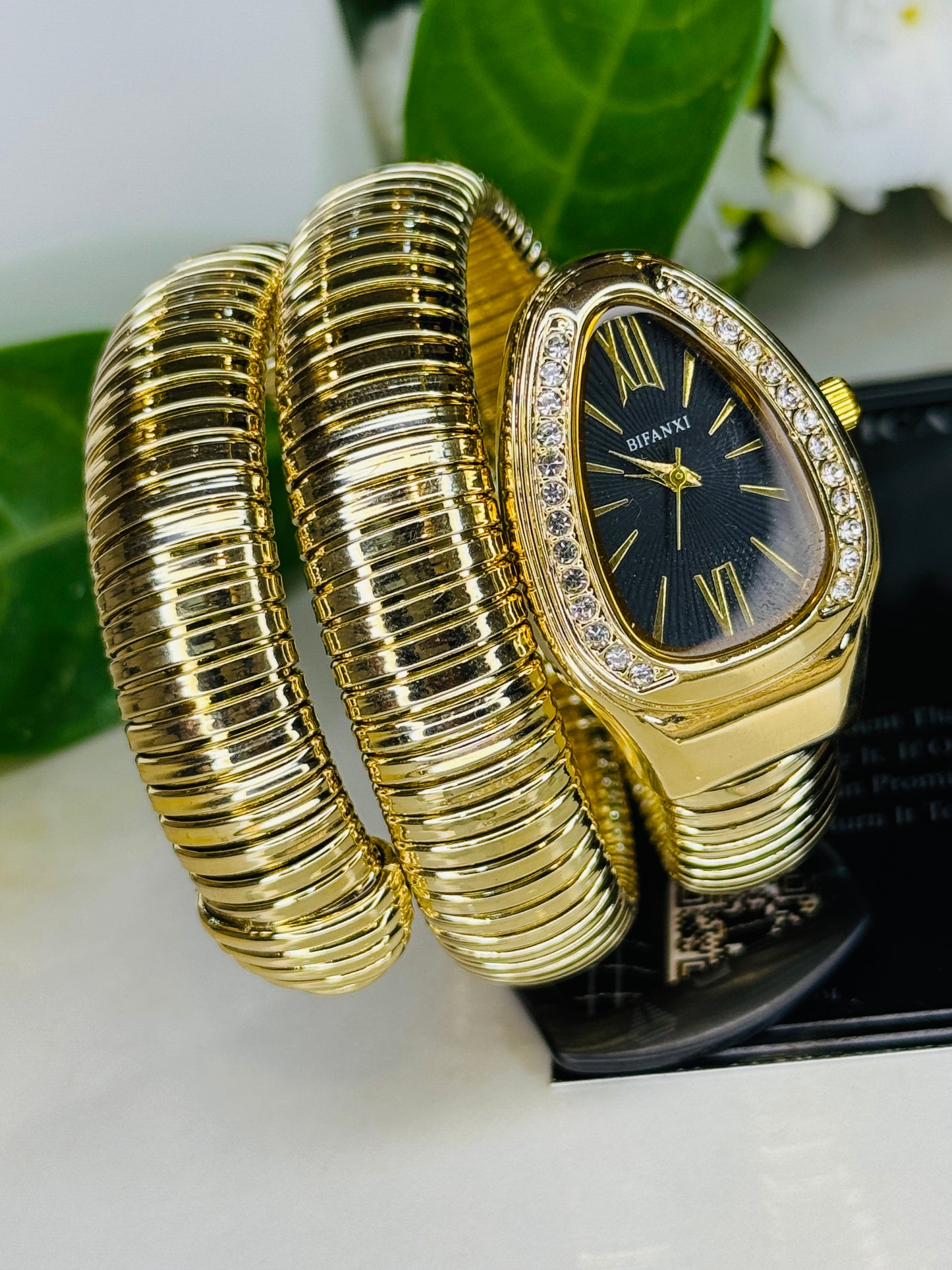 Gold Black Serpentine Watch For Her