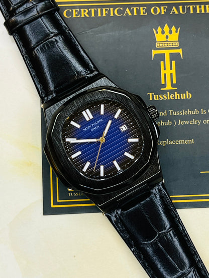 Black Leather Black Sapphire Dial Nautilus Watch