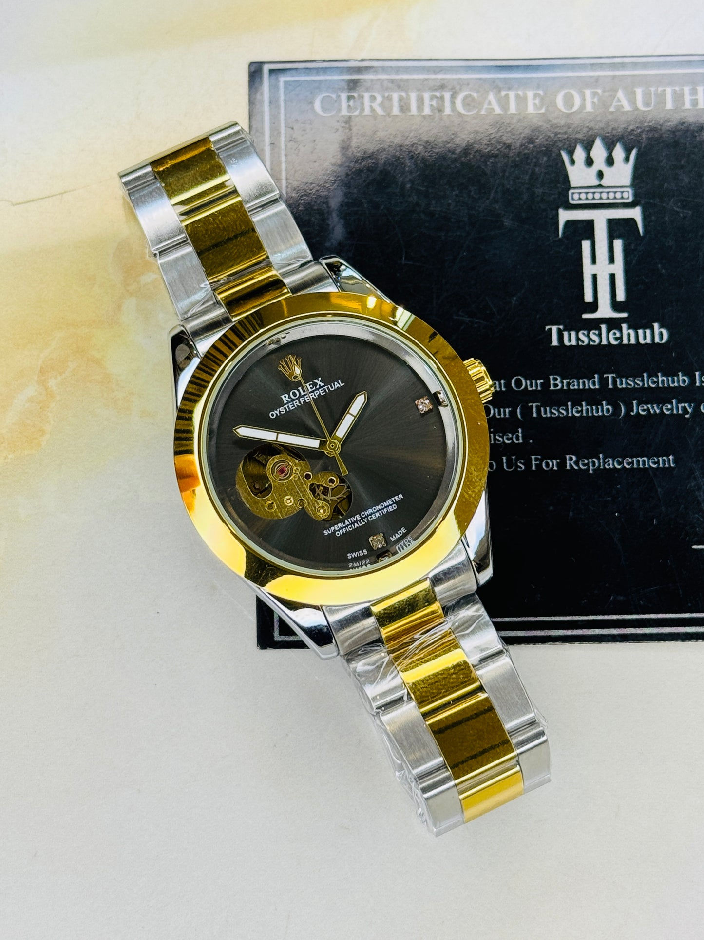 Two Tone Metallic Hawk Eye Automatic Rolex Watch
