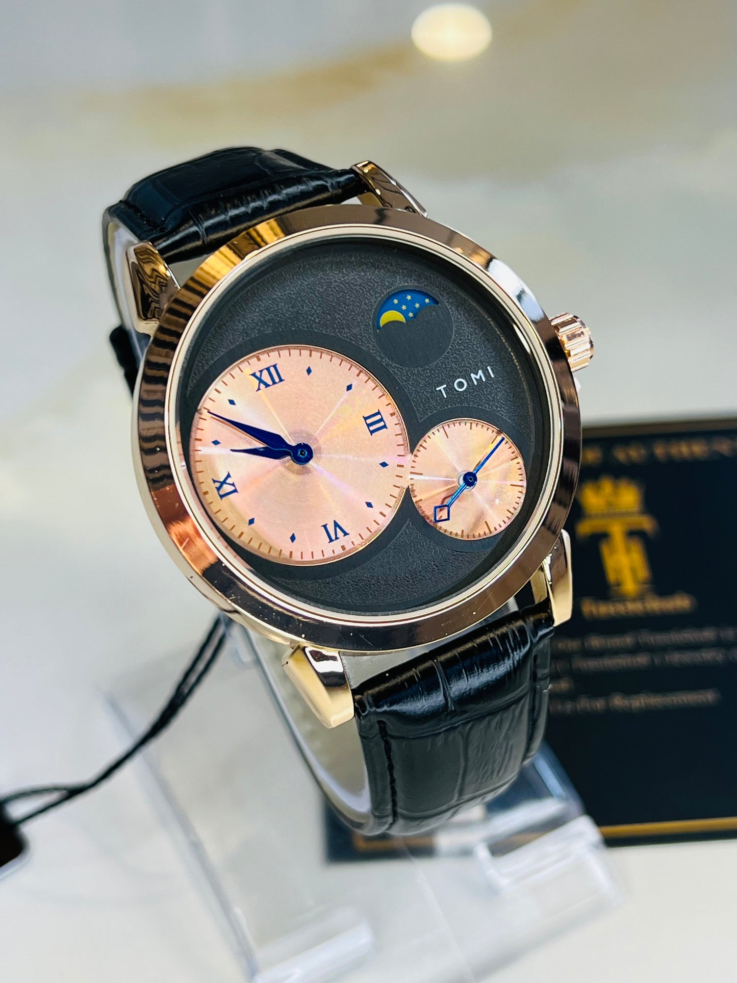 Tomi Black Rose Gold Moon graph Dial Watch