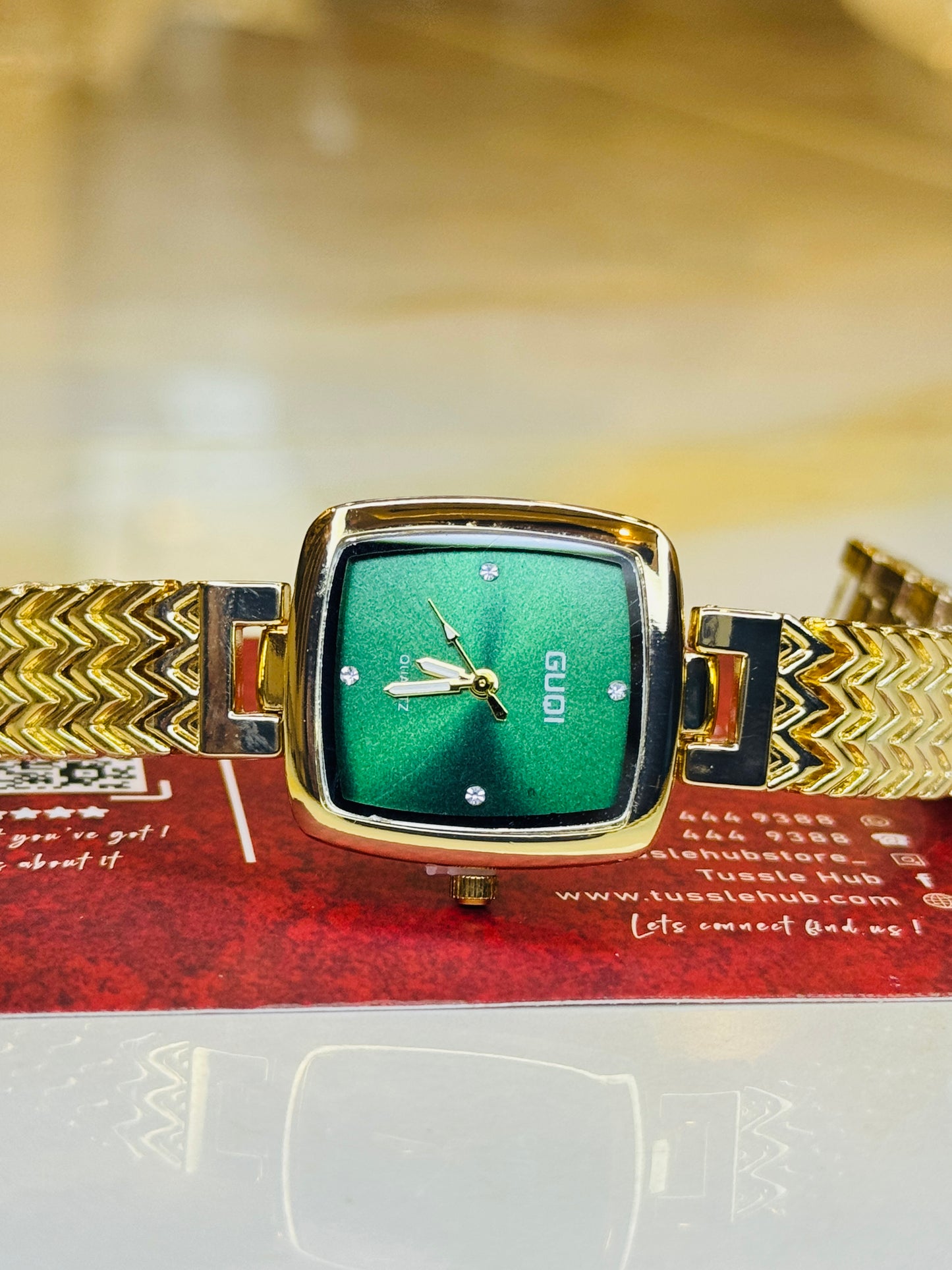 Gold Emerald Guqi Square Watch For Her