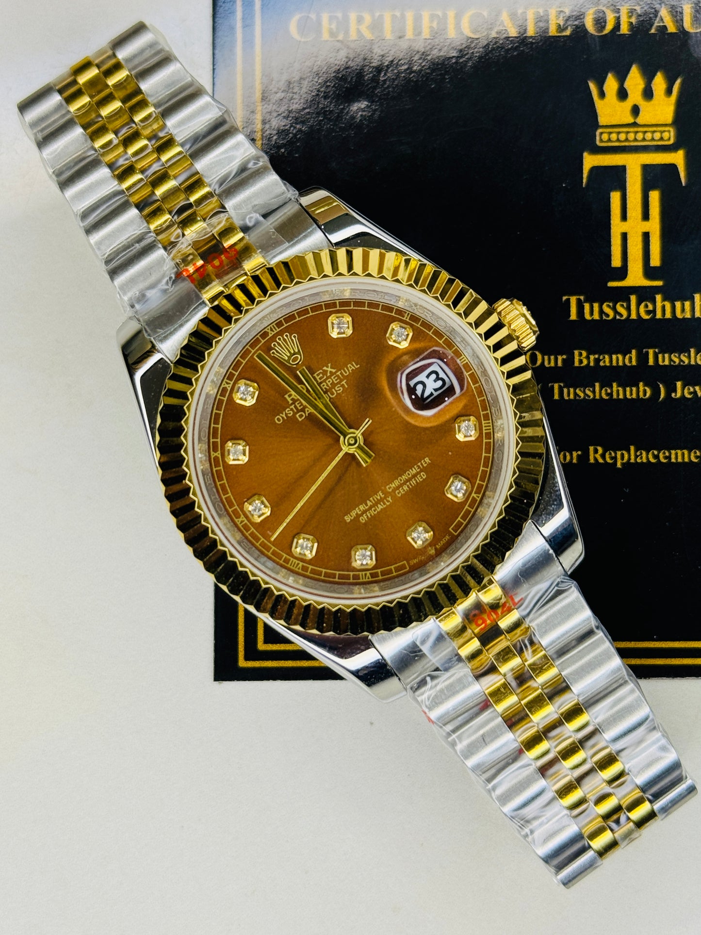 Jubilee Date Just Two Tone Diamond Fluted Chocolate Dial Quartz Watch