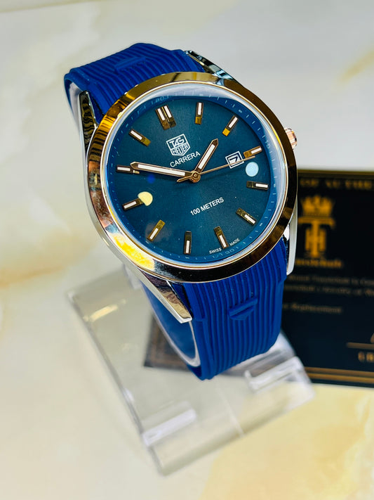 Blue Two Tone Carrera Day Date Elite Dial Silicon Strap Watch