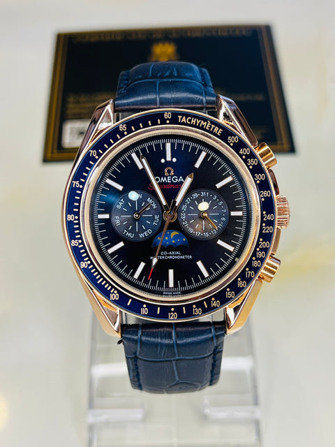 Automatic Leather Sea Master Blue Rose Chronograph Watch