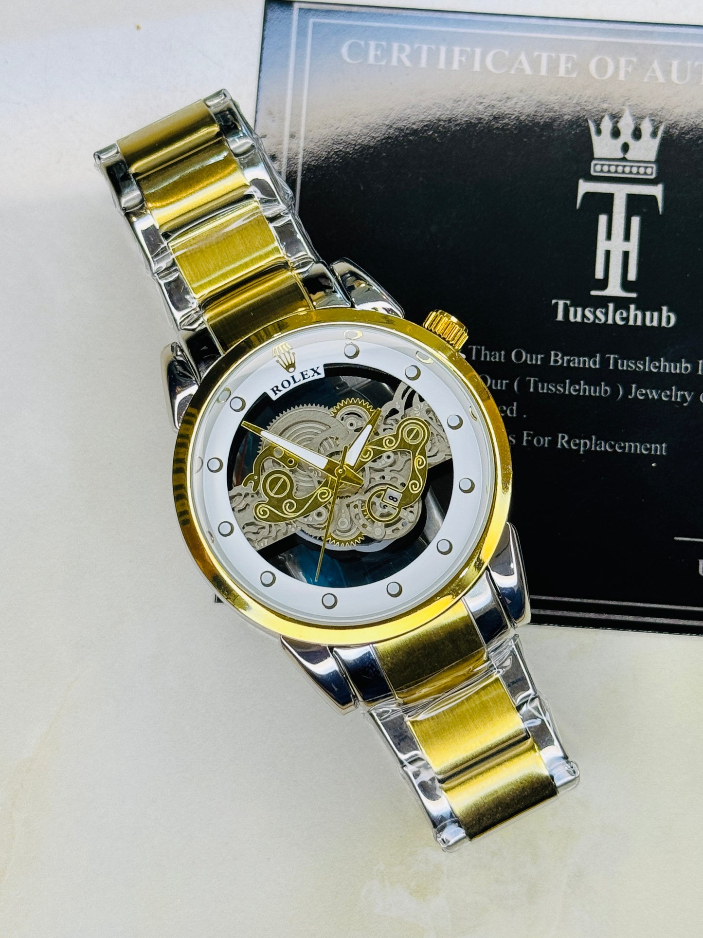 Two Tone White Skeleton Rolex Watch