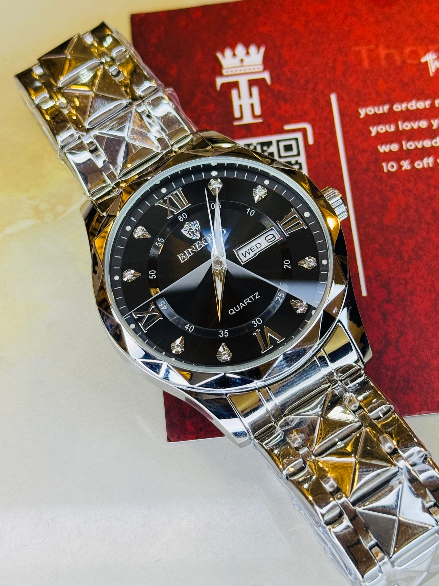 Silver Black Binbond Diamond Dial Watch