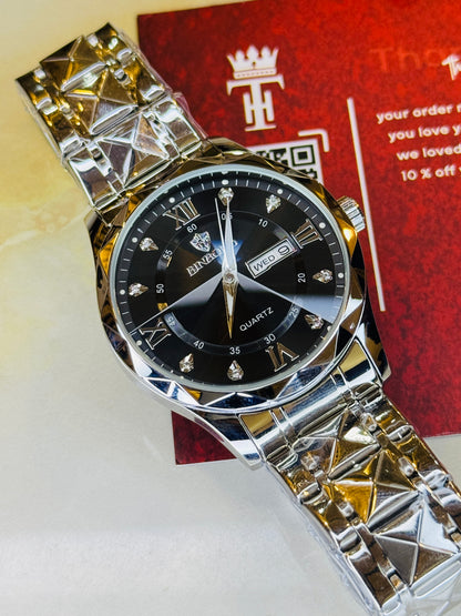 Silver Black Binbond Diamond Dial Watch
