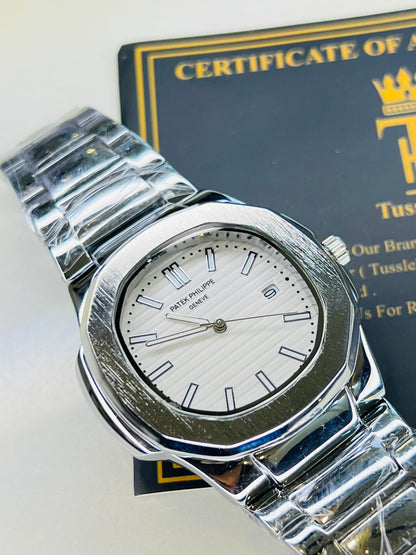 Silver Nautilus White Dial Watch
