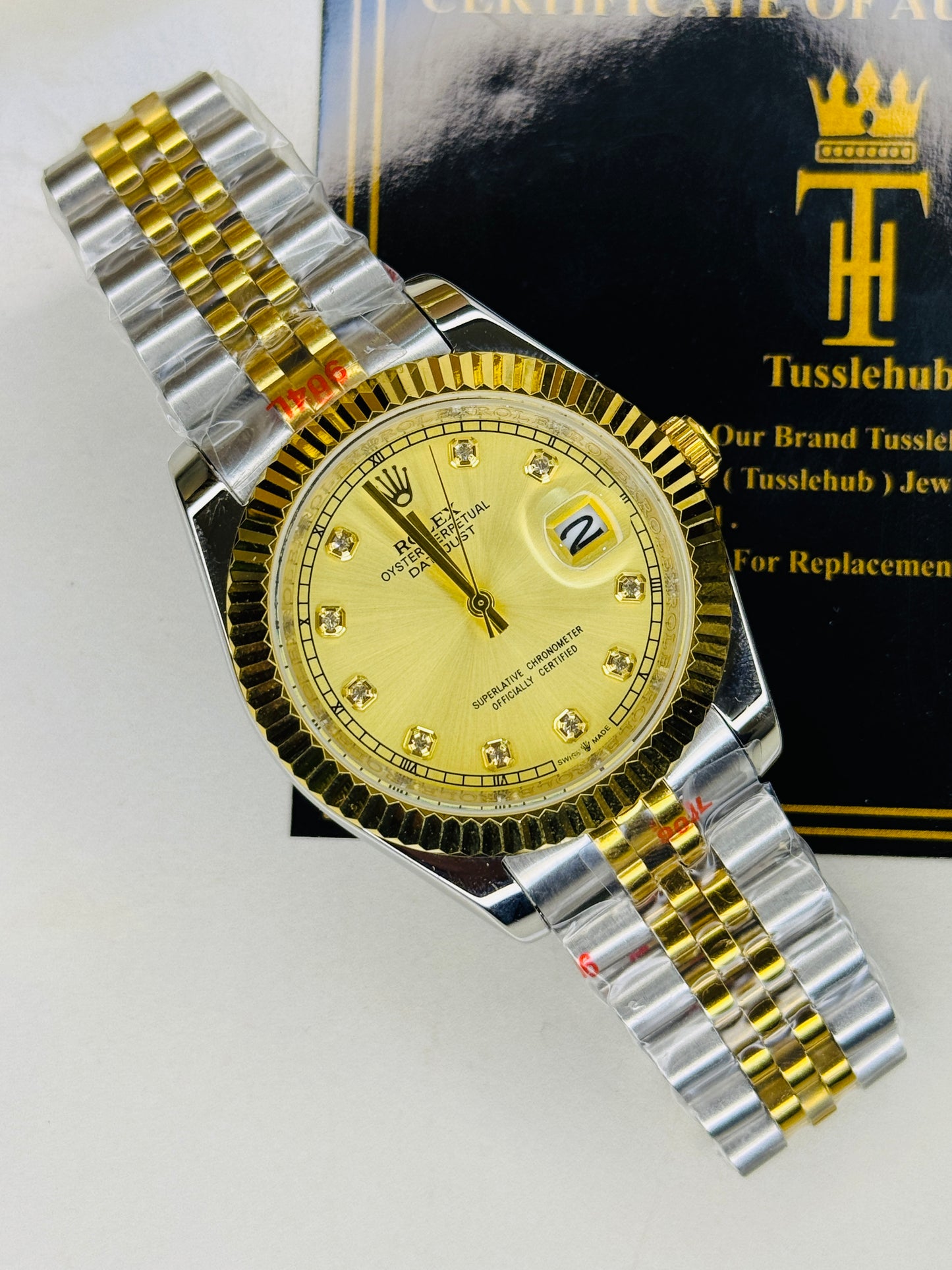 Jubilee Date Just Two Tone Diamond Fluted Gold Dial Quartz Watch