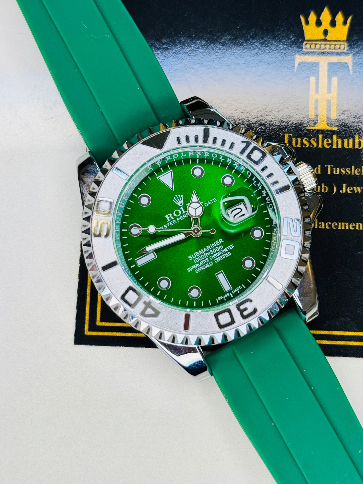Green Silver Dial Black Yatchmaster Watch