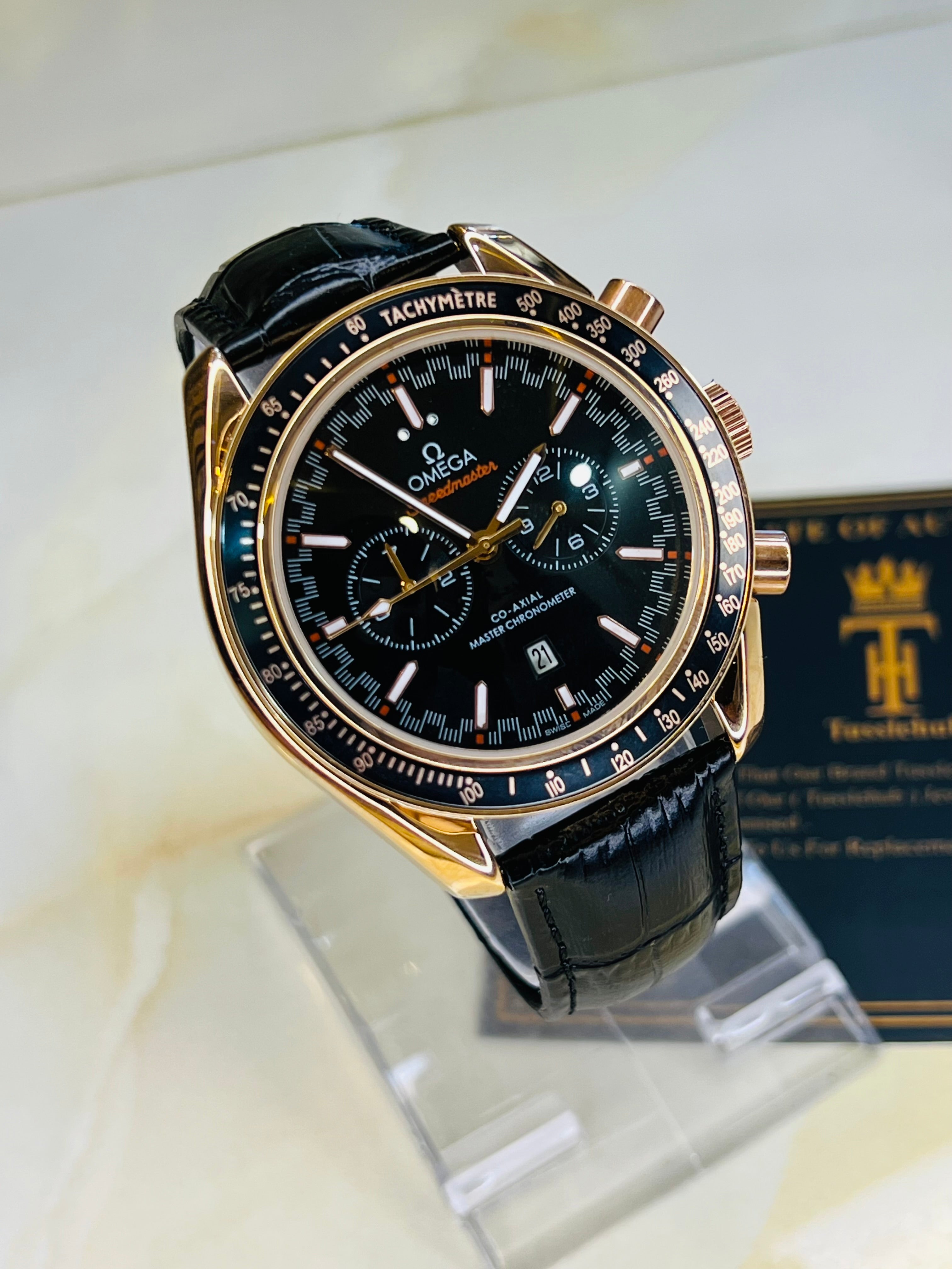 Automatic Leather Sea Master Black Rose Chronograph Watch