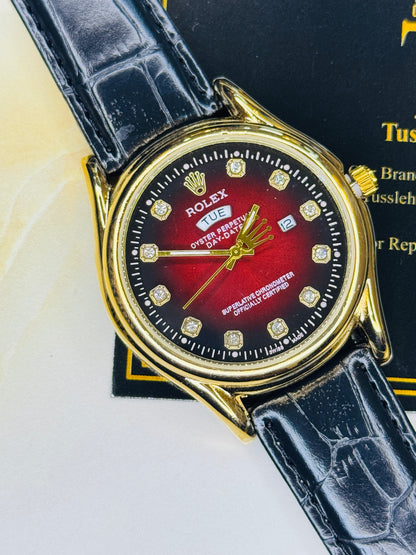 Black Gold Red Round Leather Rolex Watch