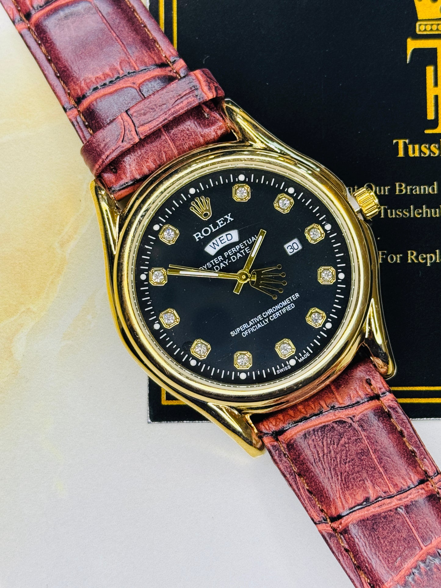 Brown Gold Black Round Leather Rolex Watch