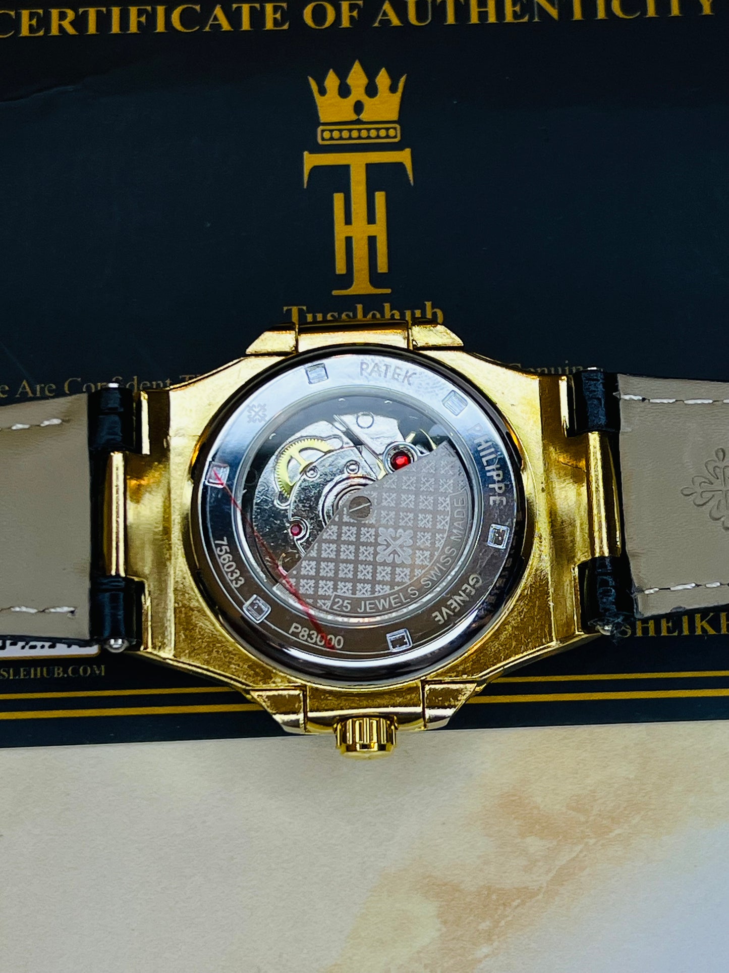 Black Leather Gold Black Dial Nautilus Watch