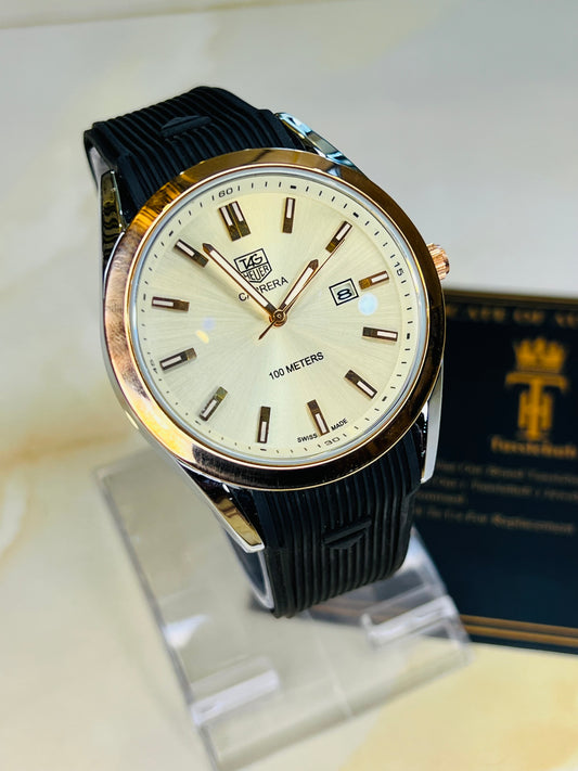 Two Tone White Carrera Day Date Elite Dial Silicon Strap Watch